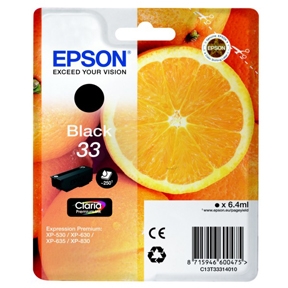 Køb Epson 33 T3331 BK - C13T33314012 Original - Sort 6,95 ml - Pris 179.00 kr.