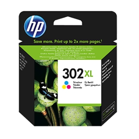 Køb HP 302 XL C (F6U67AE) med chip, 3 farve blækpatron, Original 330 sider (8 ml) - Pris 332.00 kr.