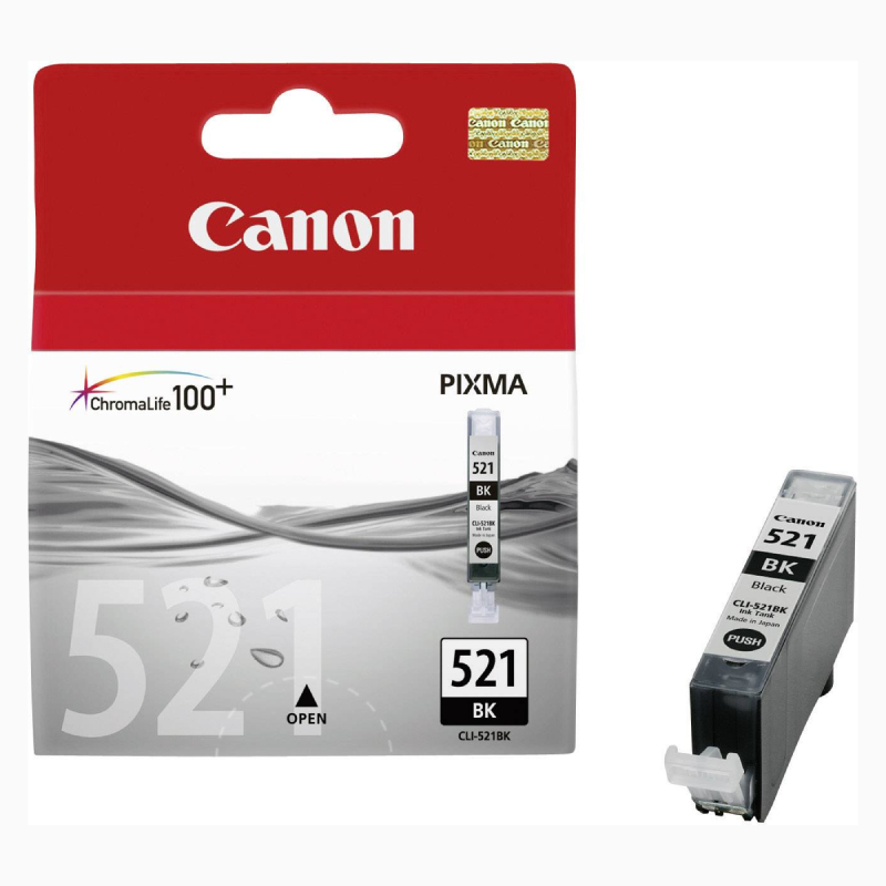 Køb Canon CLI 521 BK, med chip. sort blækpatron, Original, 9ml - Pris 129.00 kr.