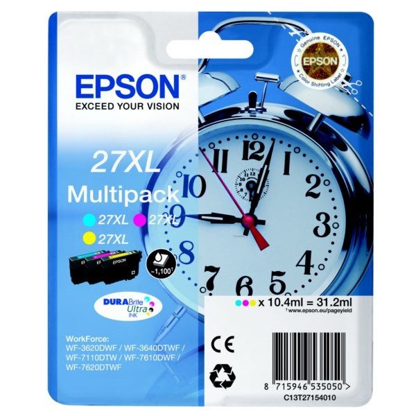 Køb Epson 27XL T2715 CMY combo pack 3 stk  blækpatron - Original - C/M/Y 31,2 ml - Pris 909.00 kr.