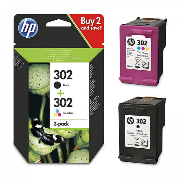 Køb HP 302 (X4D37AE) med chip, 2 farve blækpatron combo pack, Original 355 sider - Pris 386.00 kr.