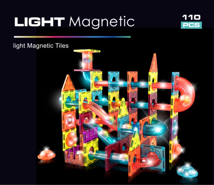 Magnetic Tiles kuglebane med lys, 110 dele