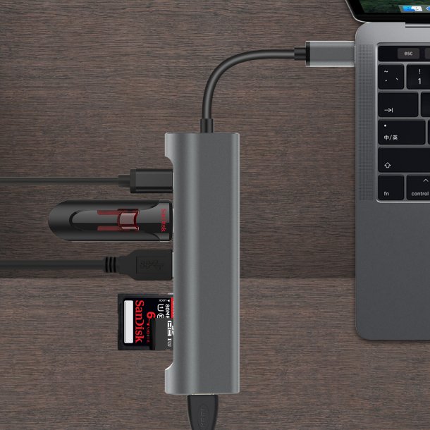 USB-C till HDMI, 2 x USB 3.0, SD+TF kortplats, PD