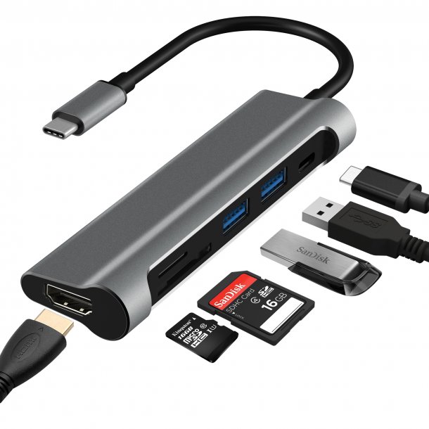USB-C till HDMI, 2 x USB 3.0, SD+TF kortplats, PD