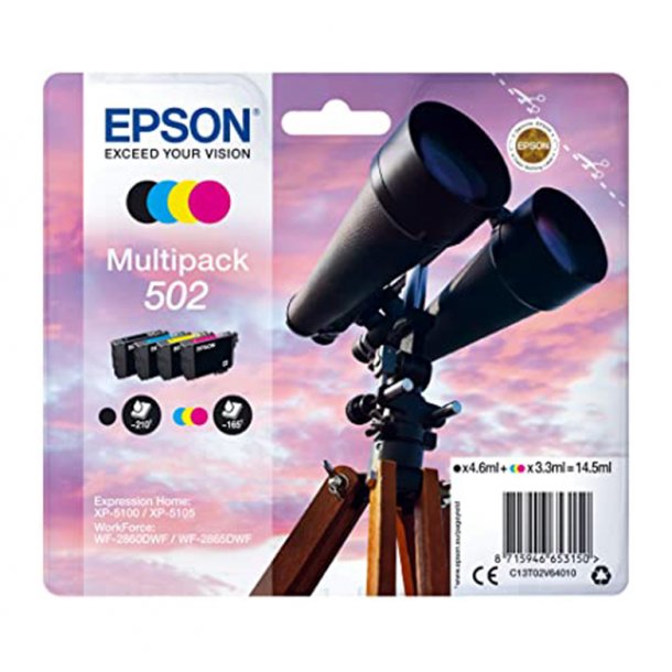 Epson T502 combo pack 4 stk - BK/C/M/Y 14,5 ml - Original blkpatron C13T02V64020