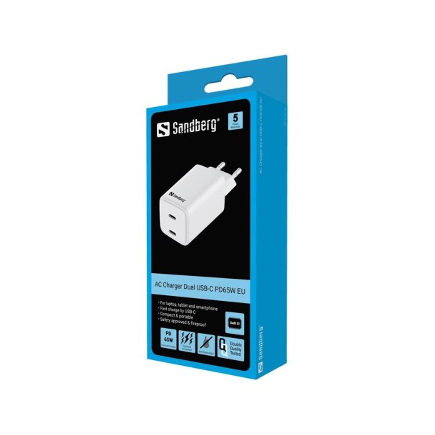 Sandberg AC Oplader med dobbelt USB-C PD65W EU