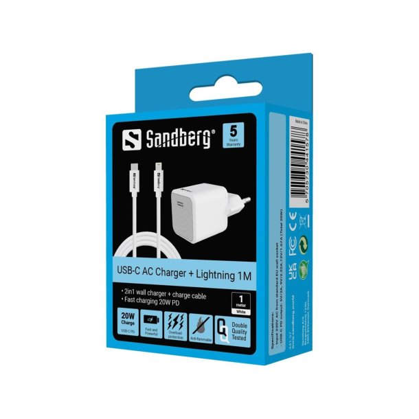 Sandberg USB-C AC 20W Laddare EU + Lightning-kabel 1M