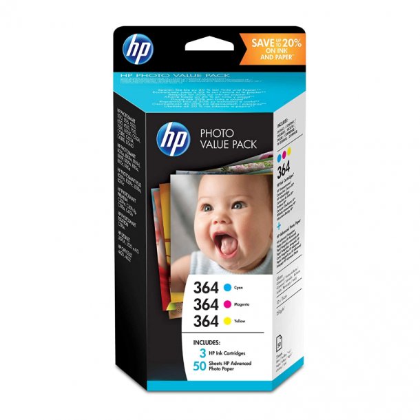 HP 364 combo pack 3 stk Original bl&auml;ckpatron + 50 stk Fotopapir (9 ml)