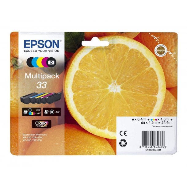 Epson 33 combo pack 5 stk blekkpatron - C13T33374011 Original - BK/PBK/C/M/Y 24,4 ml