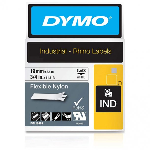 Dymo Tape Rhino 19mmx3,5m flexib nylon Black/white