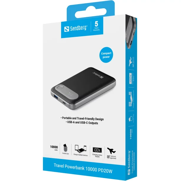 Sandberg Travel Powerbank 10000 PD, 20W