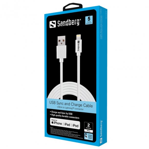 Sandberg USB - lightning kabel, 2 m, vit