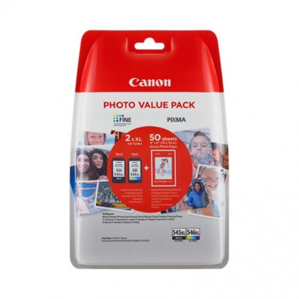 Canon PG-545 / CL-546 XL combo pack 2 stk blekkpatron + 50 stk. fotopapir 10*15 - 8286B007 Original - BK/C 28 ml