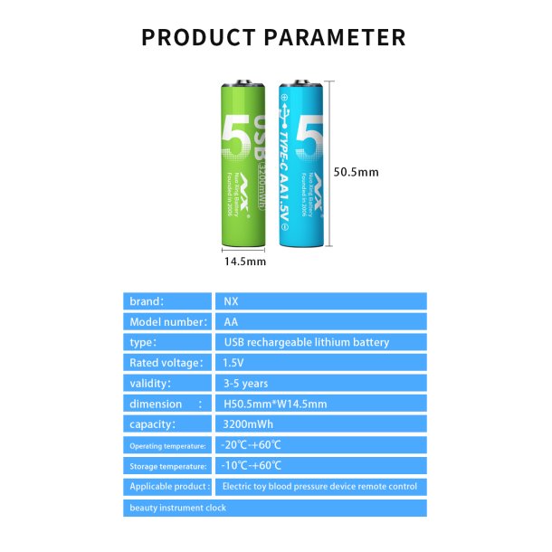 Genopladelige lithium batterier, USB-C, AA, 4 stk