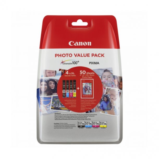 Canon CLI-551 XL combo pack 4 stk Original bl&auml;ckpatron (44 ml) + 50 stk. fotopapir 10*15 PP 201 