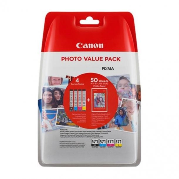 Canon CLI-571 XL combo pack 4 stk blekkpatron + 50 stk. fotopapir 10*15 PP 201 - 0332C005 Original - BK/C/M/Y 44 ml