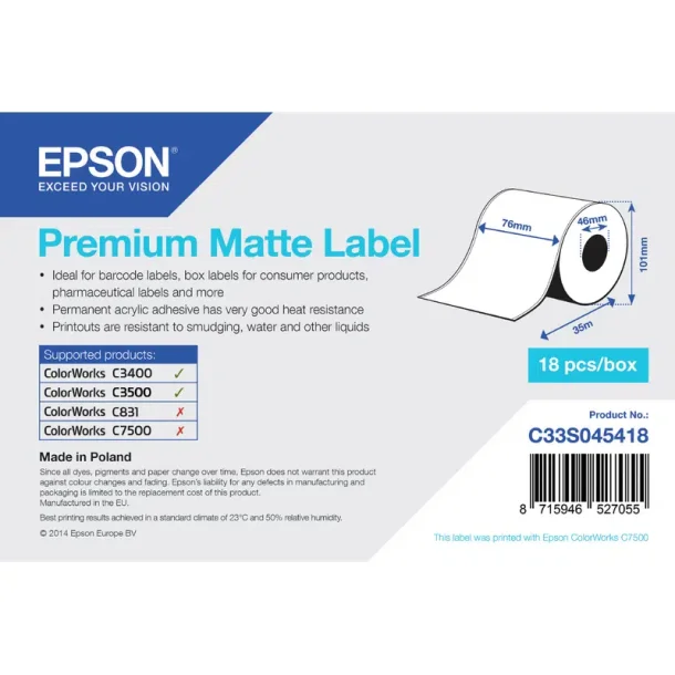 EPSON Premium Matte Label - Continuous Roll: 76mm x 35m