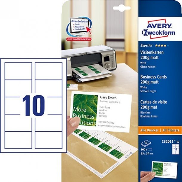 Avery Buisness cards, mat, 200g, 85x54 mm, 100 pcs