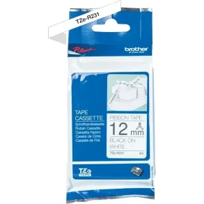 Brother TZe-R231 prints black text on white glossy satin ribbon, 12 mm