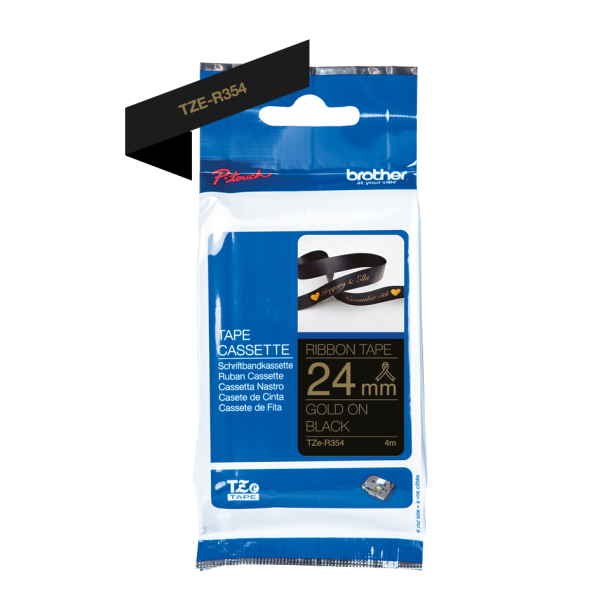 Brother TZe-R354  gold on black satin ribbon, 24 mm