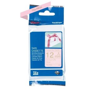 Brother TZe-RE34 prints gold on pink satin ribbon, 12 mm