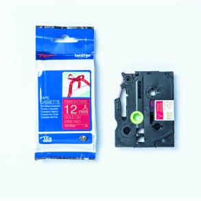 Brother TZe-RW34 prints gold on burgundy satin ribbon, 12 mm