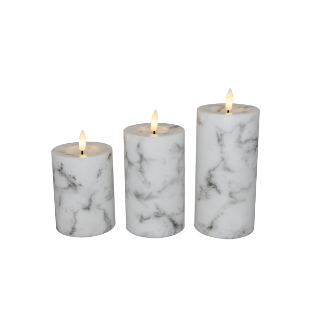 Cozzy pillar candle, 3D flame, white marble, 3 pack incl. remote control