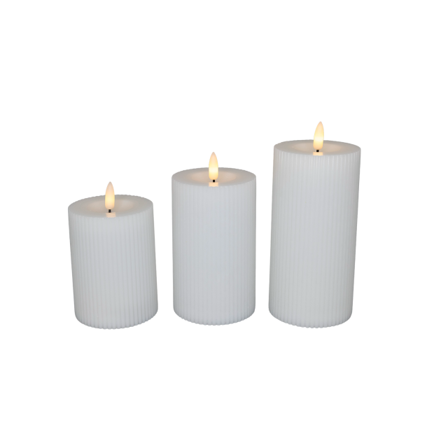 Cozzy pillar candle, 3D flame, white grooved, 3 pack incl. remote control
