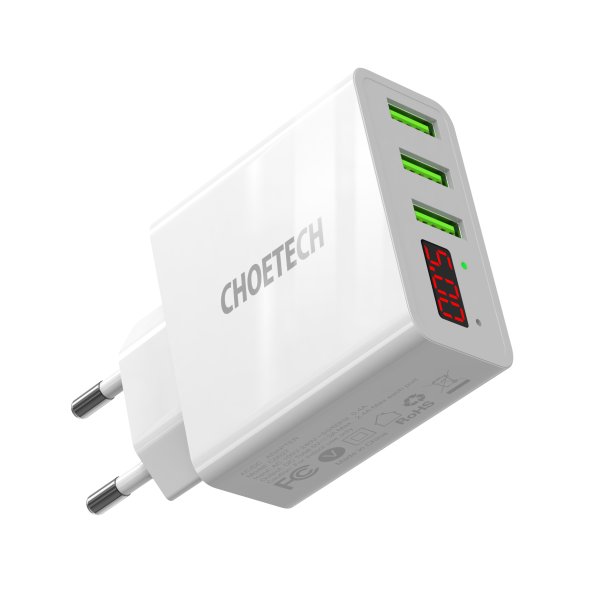 Choetech 3-Port USB-A Vggladdare m. display, 15 W, Vit