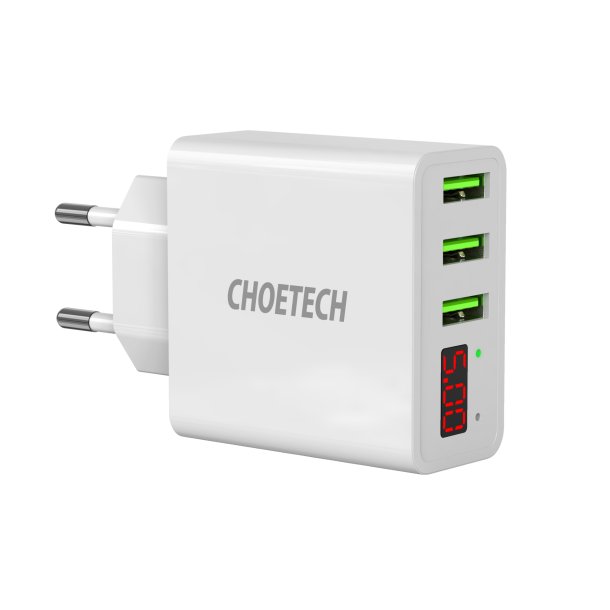 Choetech 3-Port USB-A V&auml;ggladdare med Display 15W - Vit