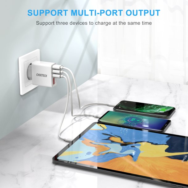 Choetech 3-Port USB-A V&auml;ggladdare med Display 15W - Vit