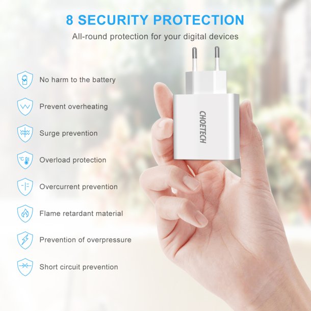 Choetech 3-Port USB-A V&auml;ggladdare med Display 15W - Vit