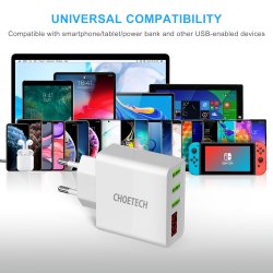 Choetech 3-Port USB-A V&auml;ggladdare med Display 15W - Vit