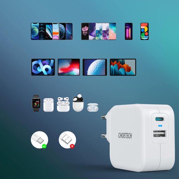 Choetech USB-C PD och USB-A QC v&auml;ggladdare, 38W, vit