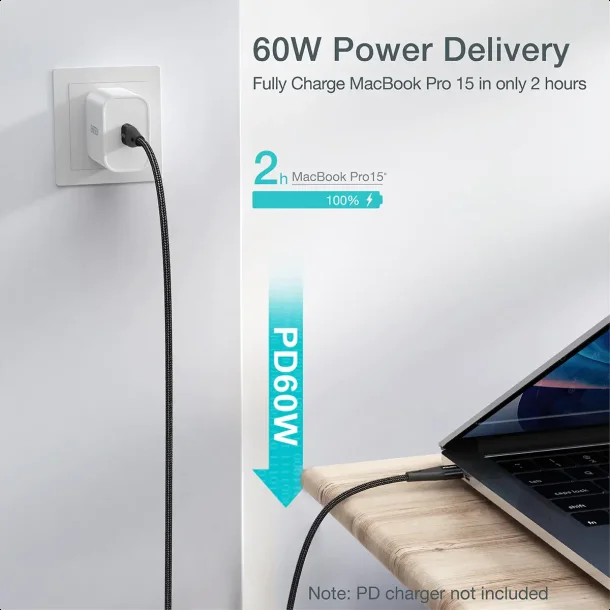 Choetech USB-C - USB-C PD-kabel, 60W, 1,2 m, svart