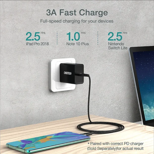 Choetech USB-C - USB-C PD-kabel, 60W, 1,2 m, svart