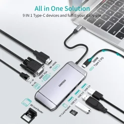 Choetech 9-i-1 USB-C Hub, 4K HDMI, 100W PD, Gr