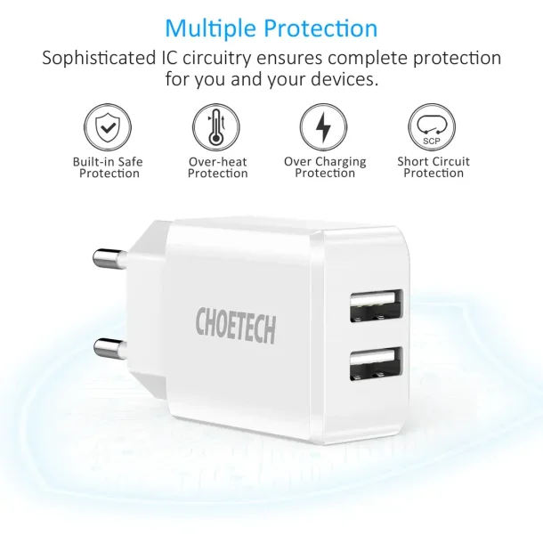 Choetech 2-Port V&auml;ggladdare 10W - Vit