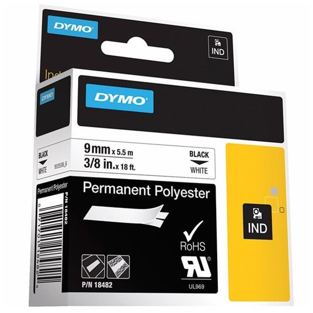 Dymo Tape Rhino 9 mm x 5.5 m Permanent polyester tape Black / White