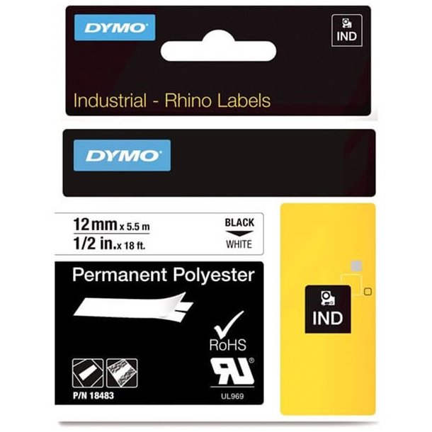 Dymo Tape Rhino 12 mm x 5.5 m Permanent polyester tape Black / White