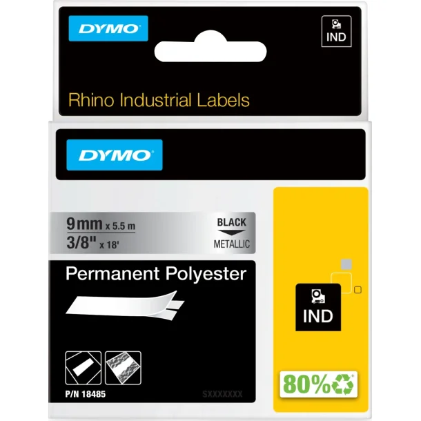 DYMO Rhino Permanent Polyester 9 mm x 5.5 m, black on metal