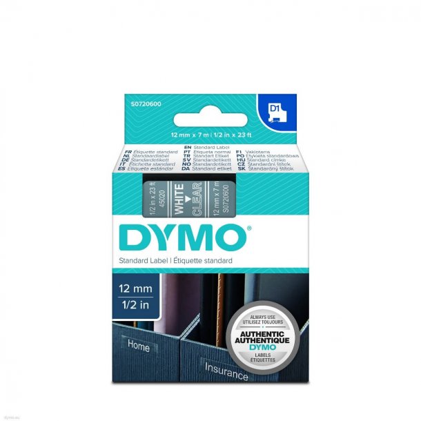 Dymo Tape D1 12 mm x 7 m White / Clear 45021