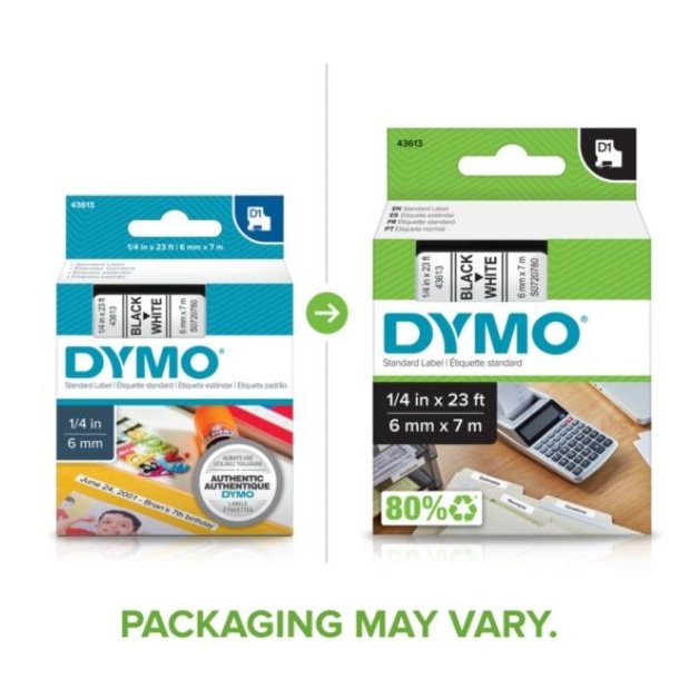 DYMO tejp D1 (43613), 6 mm x 7 m - svart/vit