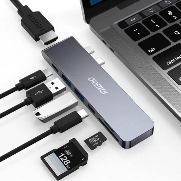 Choetech 7-i-1 USB-C Hub, USB 3.0 4K/60Hz HDMI, 87W PD, gr