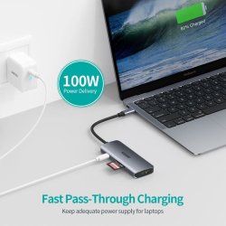 Choetech 7-i-1 USB-C Hub, USB 3.0 4K HDMI, 100W PD, gr