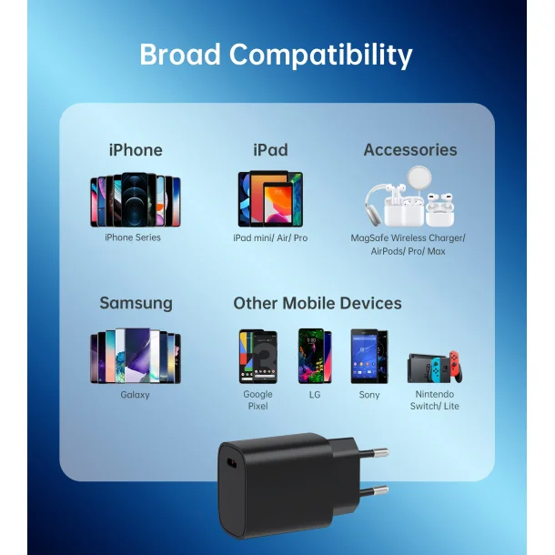 Choetech USB-C PD v&auml;ggladdare, 20W, svart