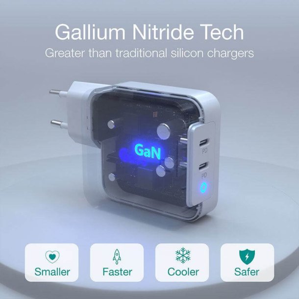 Choetech USB-C PD v&auml;ggladdare, 2-port GaN, 100W, vit