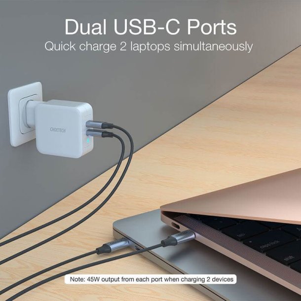 Choetech USB-C PD v&auml;ggladdare, 2-port GaN, 100W, vit