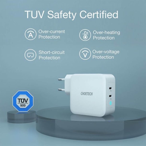 Choetech USB-C PD v&auml;ggladdare, 2-port GaN, 100W, vit