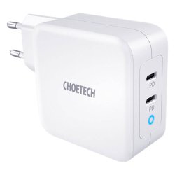 Choetech USB-C PD v&auml;ggladdare, 2-port GaN, 100W, vit